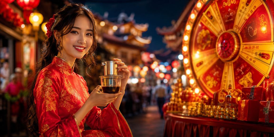 Người dùng tại Huế uống cà phê buổi sáng và tham gia Lucky Draw trực tuyến trên điện thoại